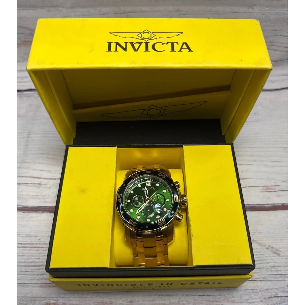 Mens Invicta Pro Diver Scuba 18kt Gold Plated Chronograph Green 48mm Watch